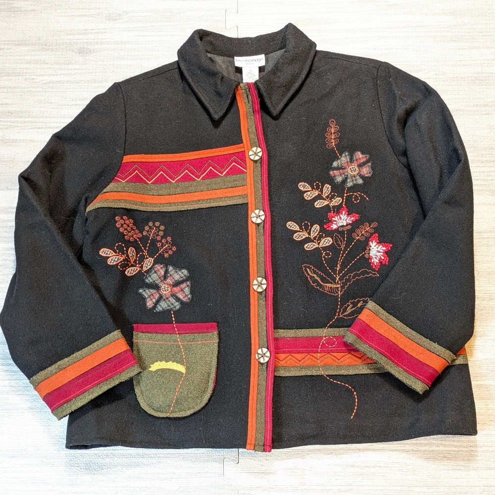 Breckenridge Black Wool Blend Blazer Jacket Colorful Embroidery Applique Med P - Picture 3 of 15